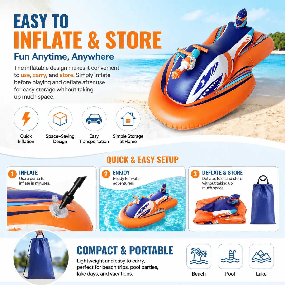 🎉🏆2026 Upgraded 49% OFF🌊 2-in-1 Shark Inflatable Jet Water Ski🚤 Built-in Water Gun