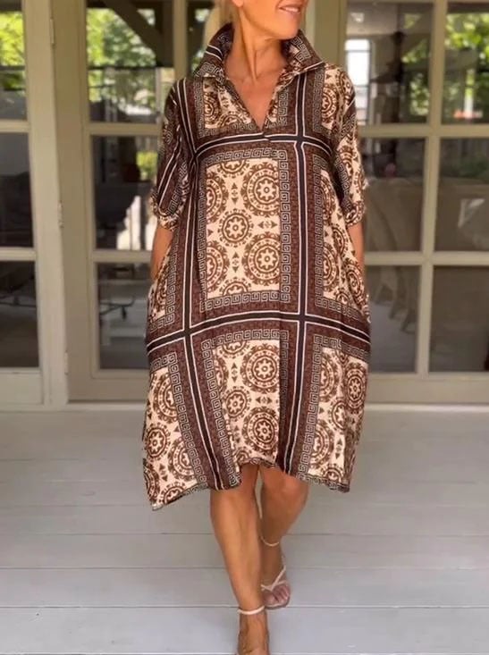 Casual V-neck Printed Loose Dress