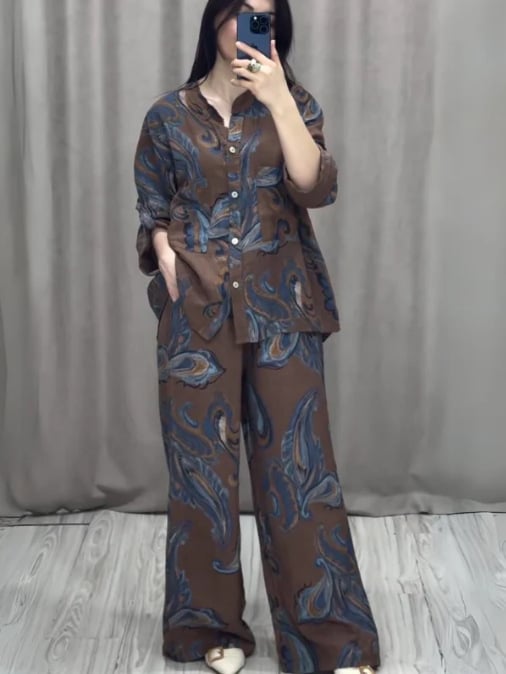 Casual V-neck Printed Shirt and Pants Suit (Buy 2 Sets Free Shipping)