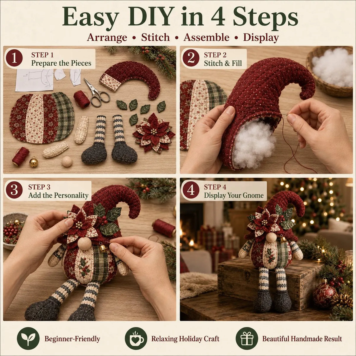 🎉🎄Beginner-Friendly DIY Quilted Christmas Gnome Shelf Sitter Kit | Complete Kit with Coordinated Fabrics, Filling & Step-by-Step Guide Included 💕