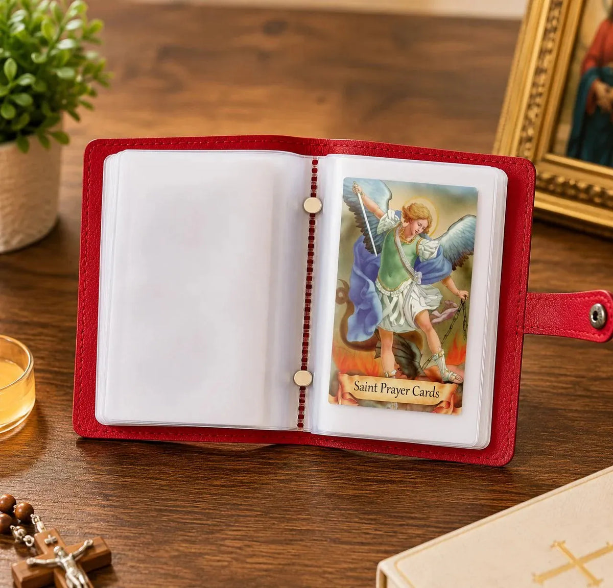 🎉✝️ Catholic Leather Holy Card Holder – Pocket Prayer Card Organizer with Snap Closure
