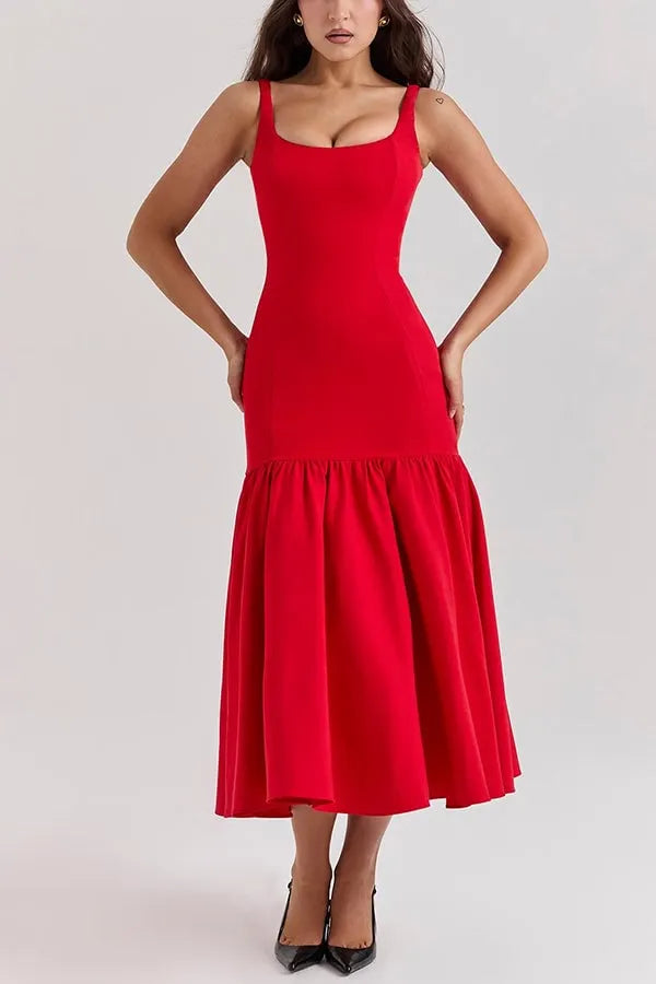 Graceful Silhouette Square Neck Wide Strap Drop Waist Midi Dress