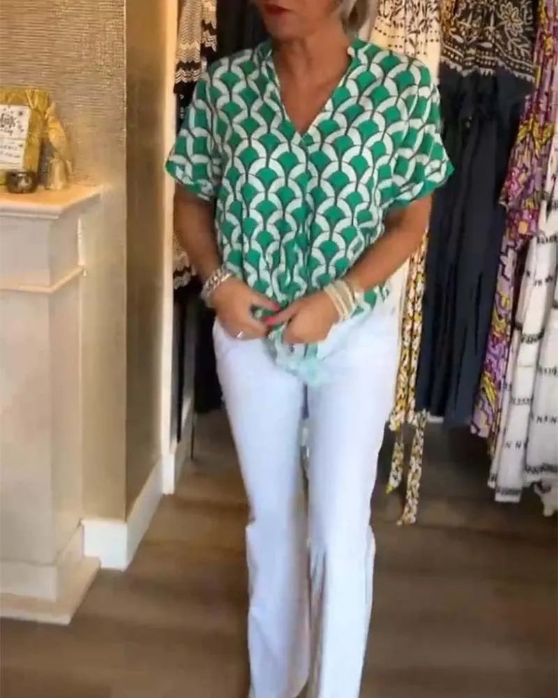 Short-Sleeved V-Neck Printed Casual Top (Buy 2 Free Shipping)