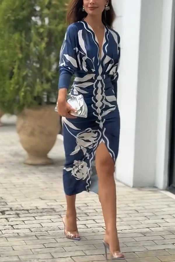 Unique Print Dolman Long Sleeve Ruched Slit Midi Dress Vestidos