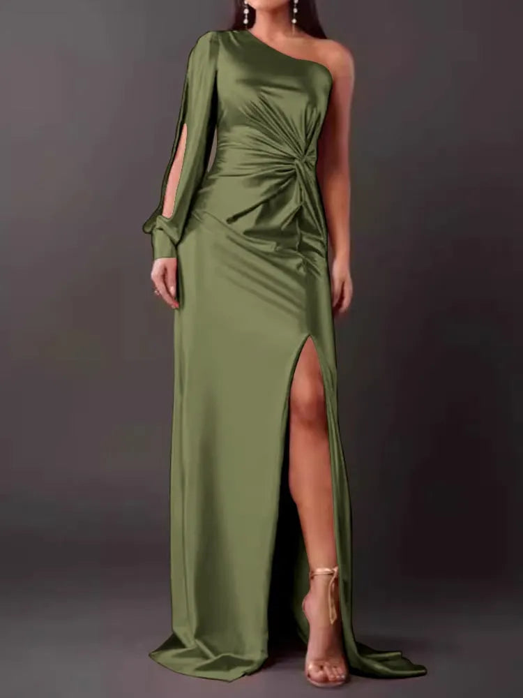Slanted Collar Ruched Waist & Slit Sexy Long Dress