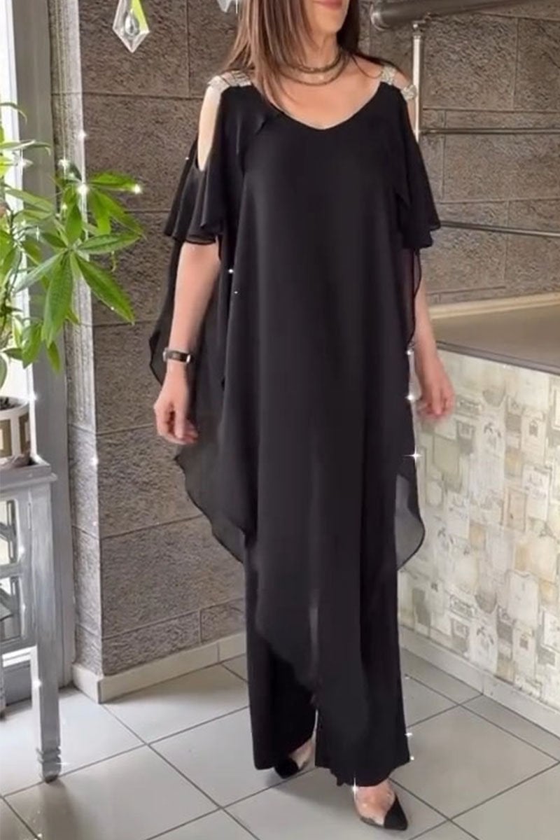 Women's Off-shoulder Chiffon Top and Pants Set
