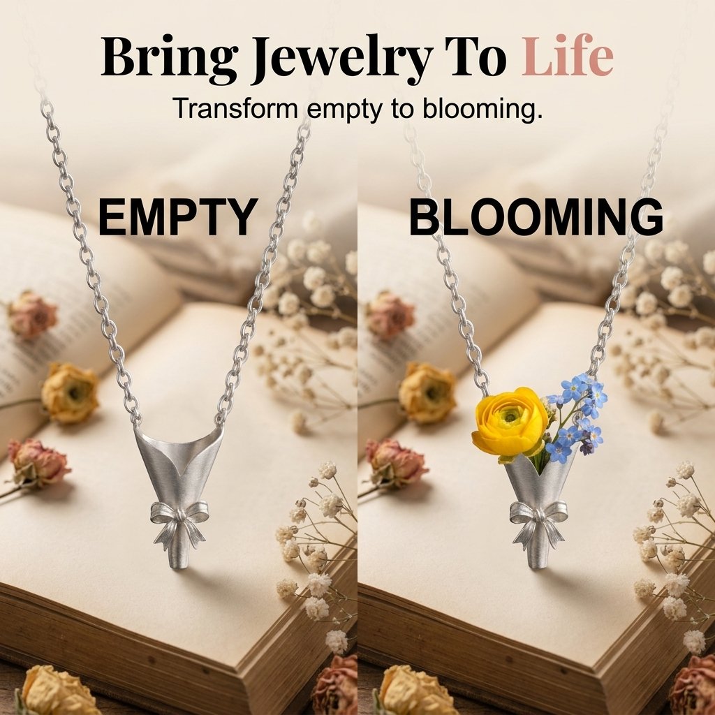 🔥HOT SALE🔥💐Wearable Vase Necklace, Mini Bouquet Pendant with Bow🎀, Real Flower Container Necklace, Romantic Commemorative Jewelry Gift, A Gift for Her🌷