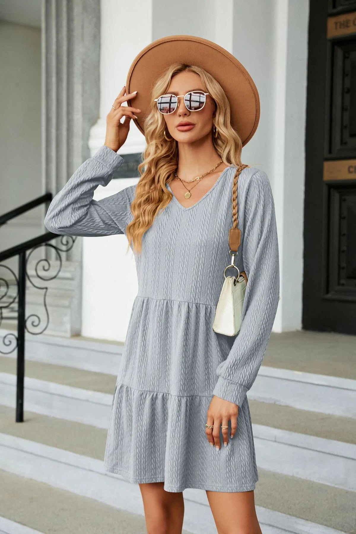 Women's V-Neck Lantern Sleeve Ruffle Trim Flowy Dress