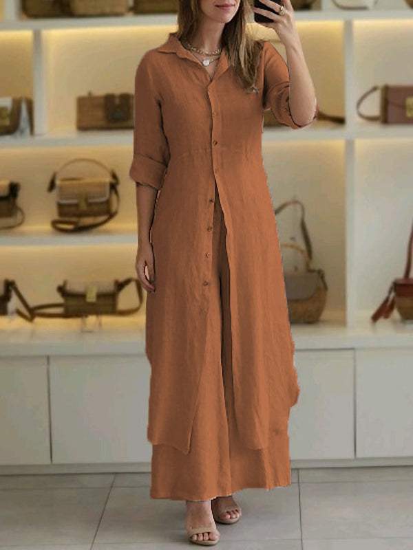 Women Summer Casual Linen Set Elegant Long Sleeve Two-piece Pant Suits