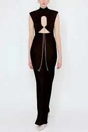 Genis Hollow Elastic Bust High Neck Sleeveless Gathered Maxi Dress