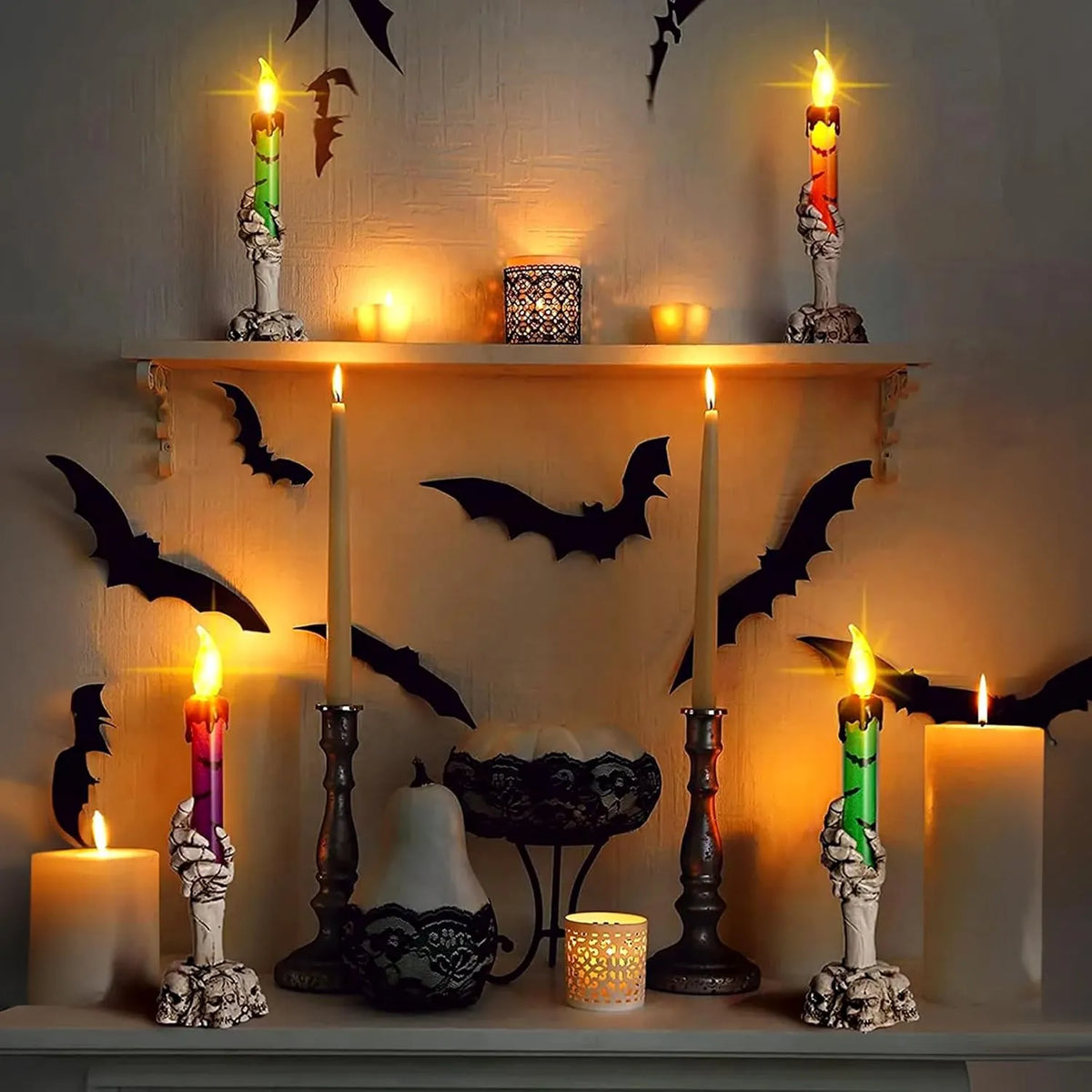 🕯️3 Pack Halloween LED Skeleton Hand Candle Holders, Flickering Flameless Skull Candles with Amber Light for Indoor Outdoor Halloween Decorations