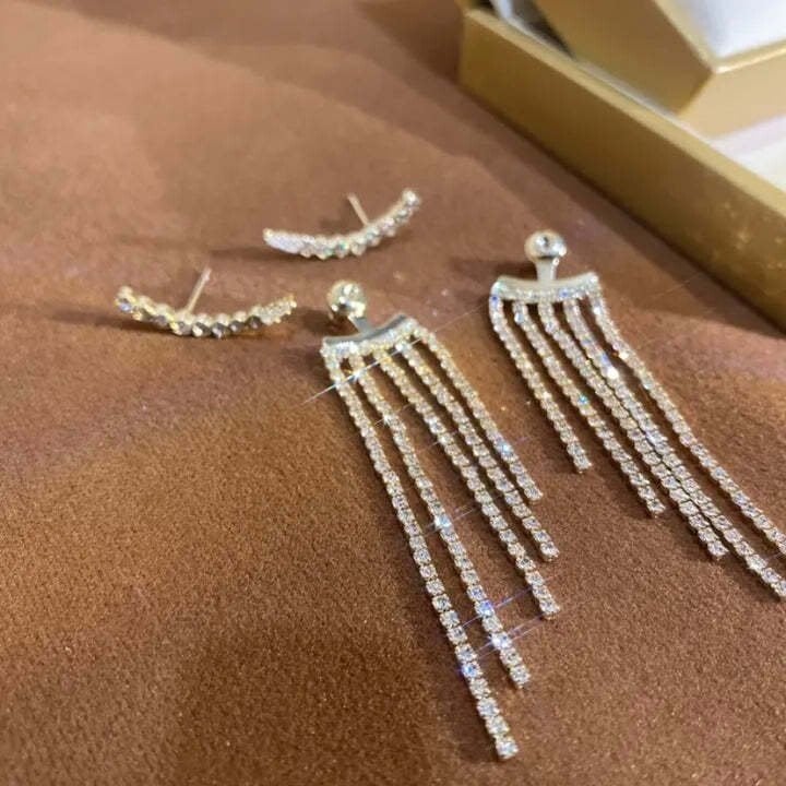 SPARKLING CURVED RHINESTONE LONG TASSEL EARRINGS