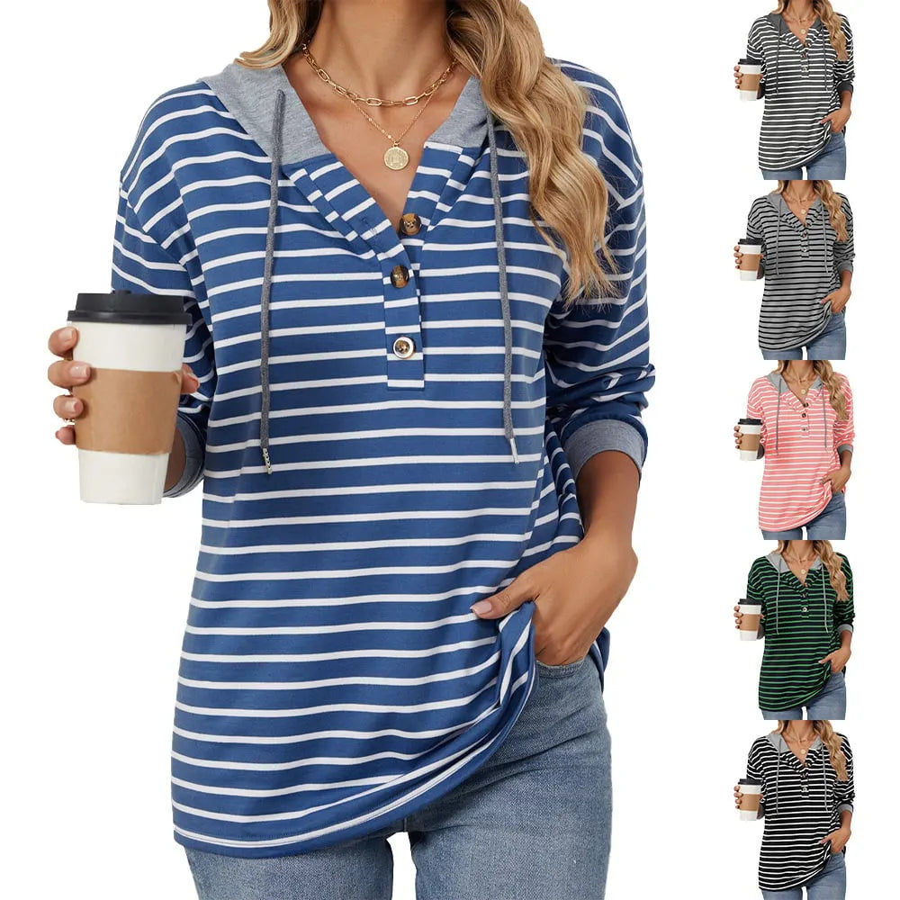 Women's Casual Pullover Button Up Drawstring Hoodie