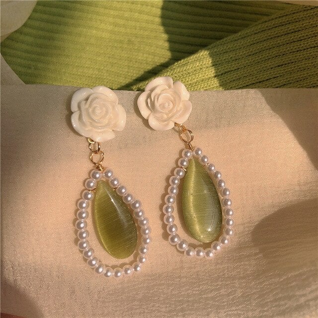 Elegant White Rose Flower Drop Earrings