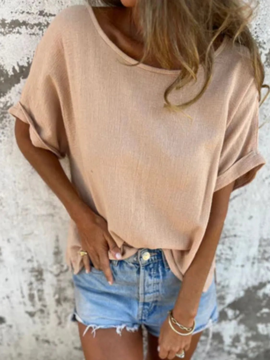 Full Size Round Neck Short Sleeve T-Shirt Plus Size(Buy 2 free shipping)