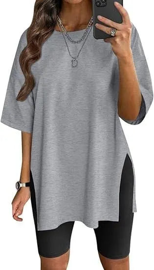 Round neck seven-point sleeve slit casual loose T-shirt💋