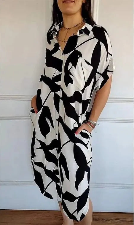 Fashion casual shirt dress with printed & short sleeves