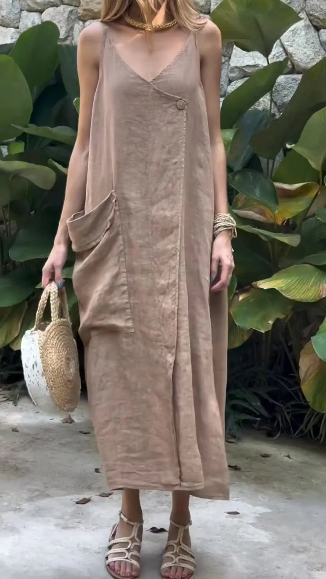 Fashionable Midi A-Line Dress with V-Neck and Large Pocket