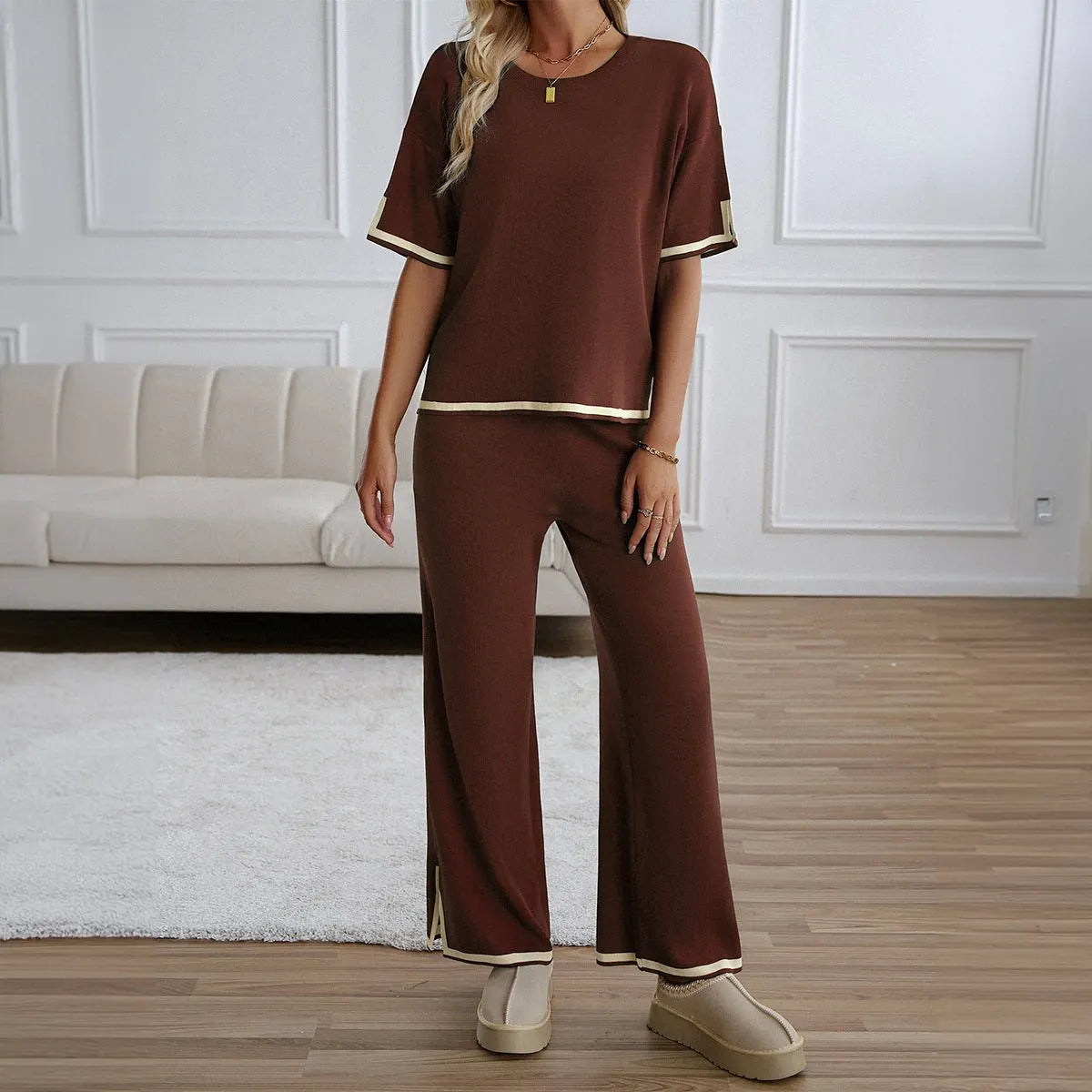 Chic Short Sleeve Knitted Pants Set