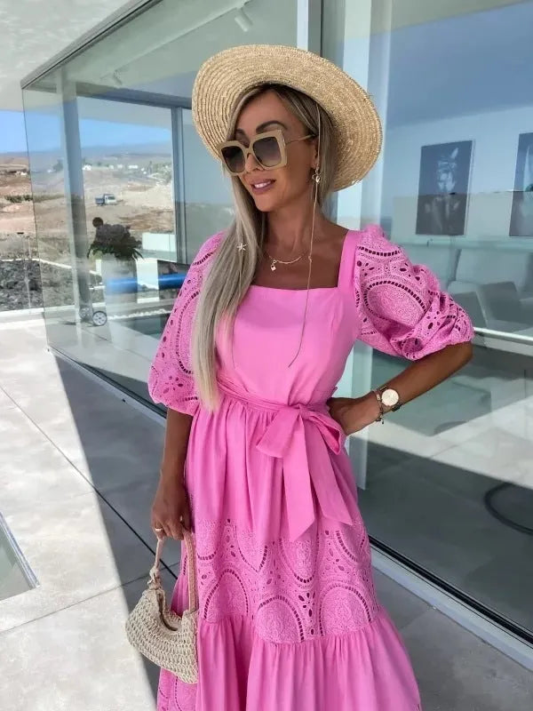 🌷Women’s Trendy Patchwork Tie Waist Square Neck Long Dress
