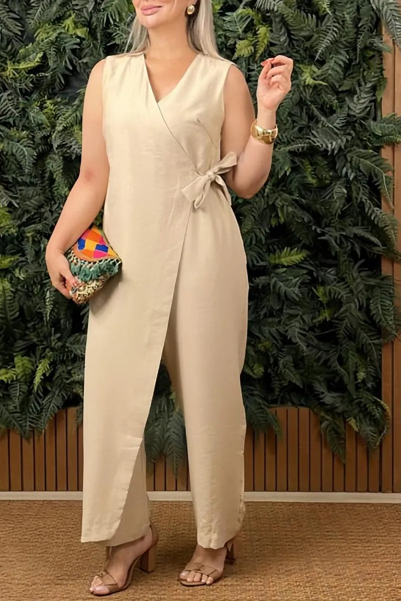 Women's Casual V-neck Cross Tie Sleeveless Jumpsuit