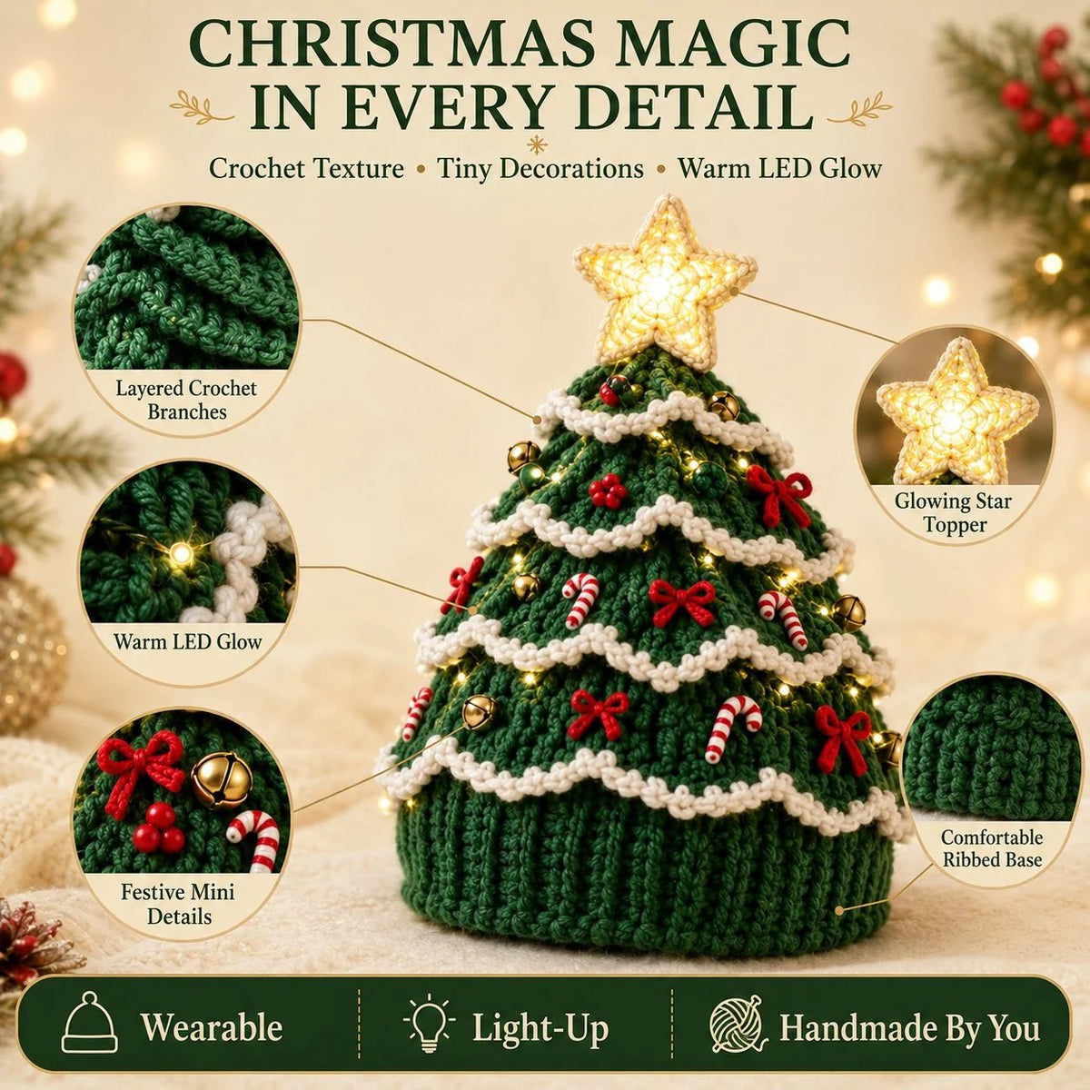 🎉🎄Beginner-Friendly Light-Up Christmas Tree Crochet Hat DIY Kit | Complete Kit with Coordinated Yarn, LED Lights & Step-by-Step Guide Included 💕