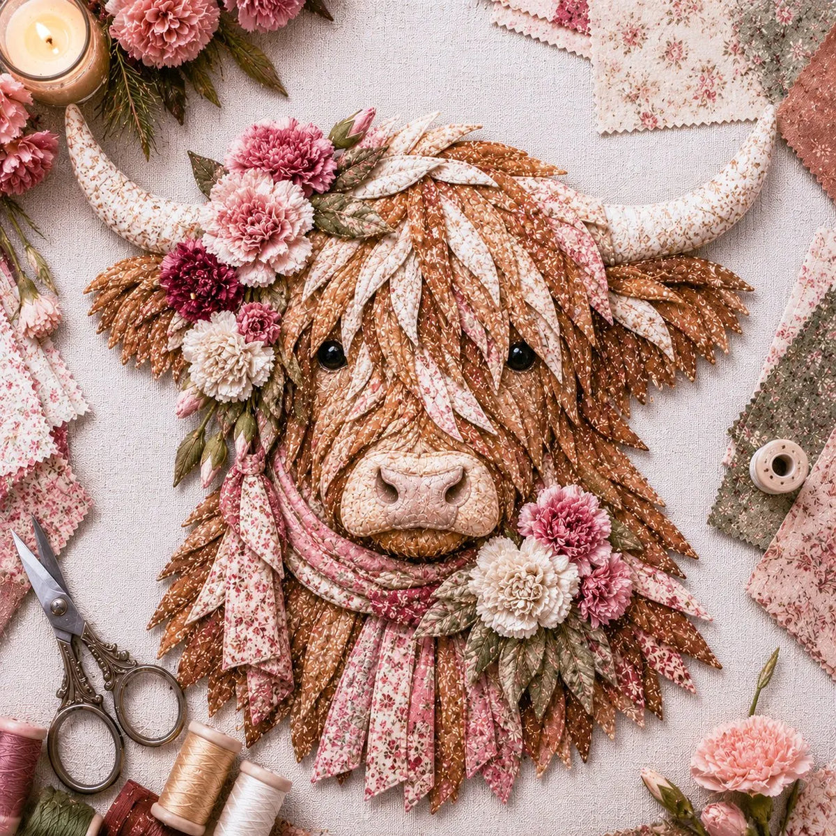 ⏳LAST DAY 49% OFF - 🐮💐🌸 Birth Flower Highland Cow 3D Layered Fabric Art DIY Kit | Complete Kit Included ✂️ Pre-Cut Pieces • Glue or Stitch Your Way • Create a Cozy 3D Highland Cow Decor 💕