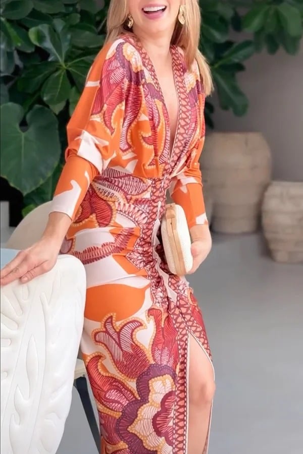 Unique Print Dolman Long Sleeve Ruched Slit Midi Dress Vestidos