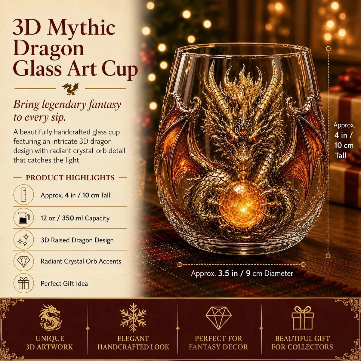 🐉✨ 3D Mythic Dragon Glass Art Cup | 12oz Premium Clear Glass with Raised Dragon Relief, Metallic-Style Details & Faceted Crystal-Style Orb 🎁