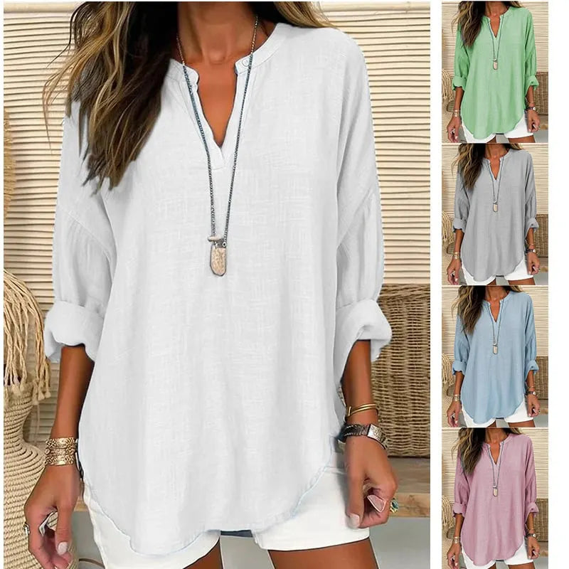 Women's V-Neck Long Sleeve Loose Fit Breathable Linen Top
