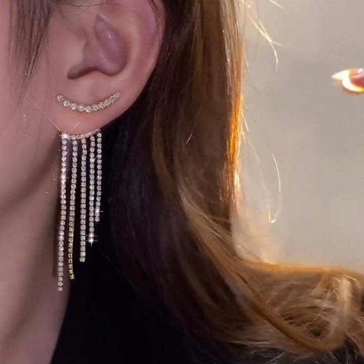 SPARKLING CURVED RHINESTONE LONG TASSEL EARRINGS