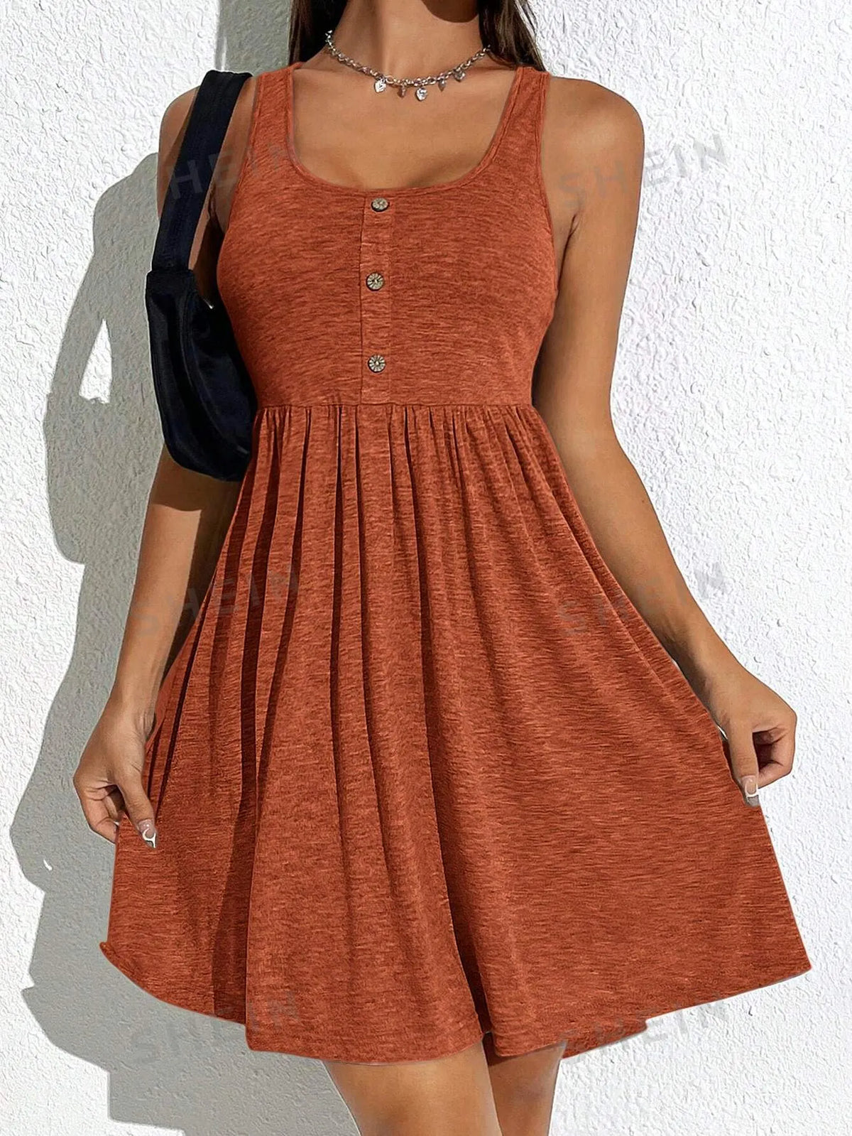Plus Size Plain Fake Buttons Scoop Neck Tank Dress
