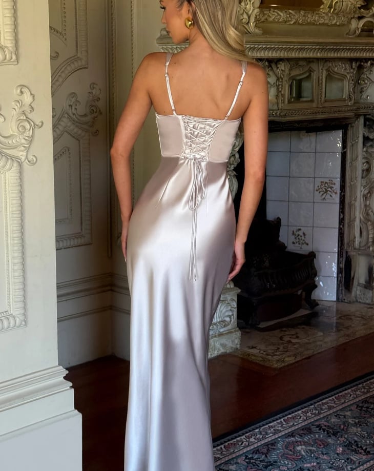 V-Neck Fishbone Satin Slip MAXI Dress