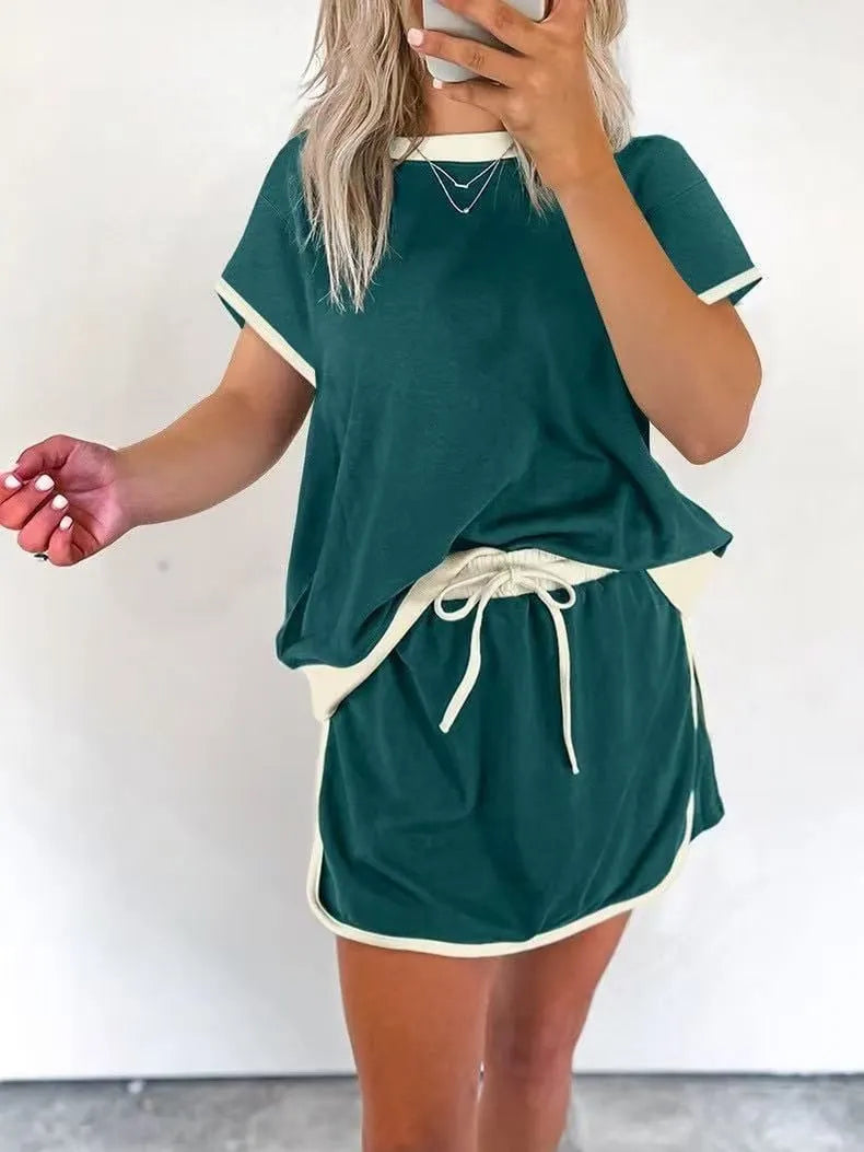 WOMEN'S COLORBLOCK EDGE DROP SHOULDER T-SHIRT SKORT 2PCS SET (BUY 2 FREE SHIPPING)