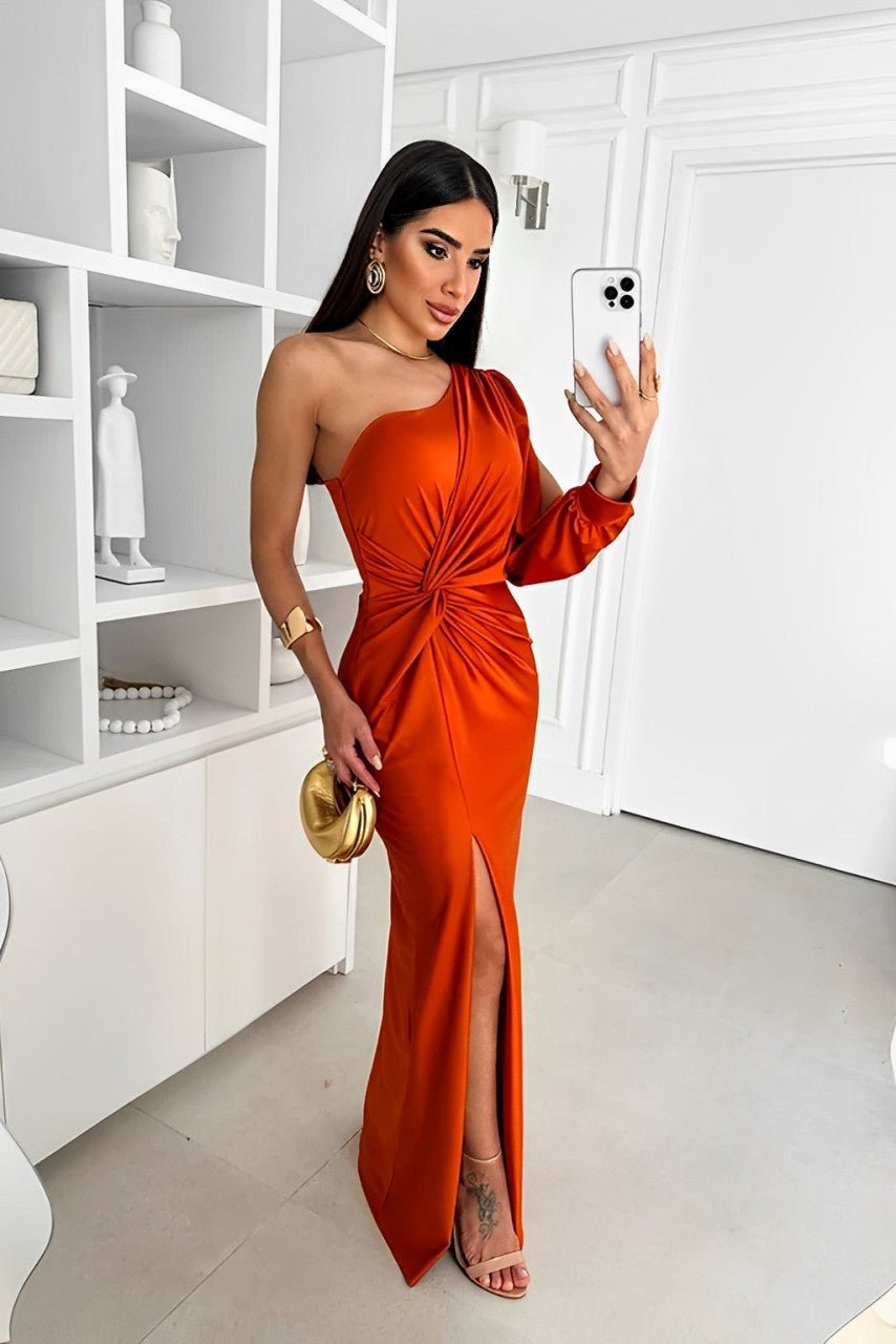Slanted Collar Ruched Waist & Slit Sexy Long Dress