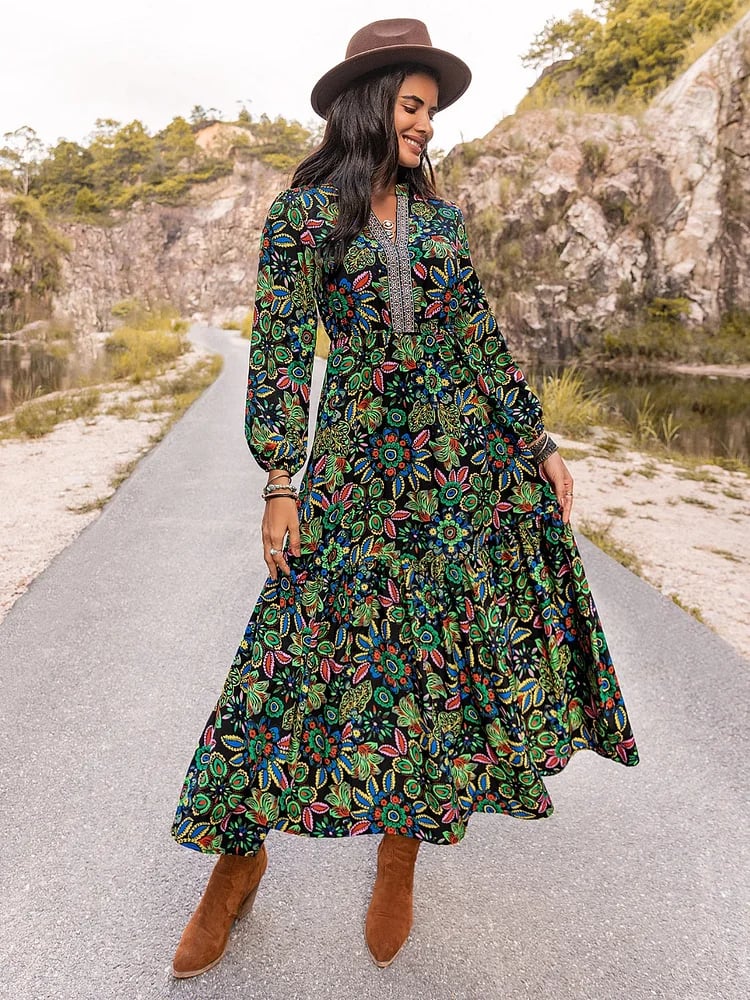 Floral Embroidered Notched Neck Maxi Dress