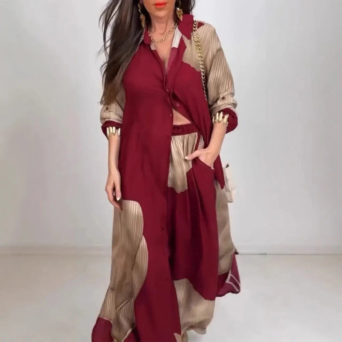 Women's V-Neck Printed Top & Pants Casual Set
