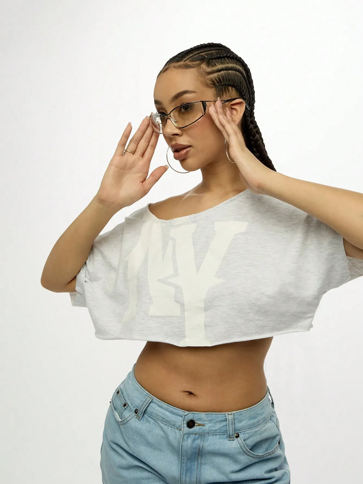 WOMEN Off Shoulder NY Logo Slouchy Crop Tee Athletic Varsity Sports Fan Streetwear Workout Fashion Athleisure Cropped T-Shirt Summer Urban Style