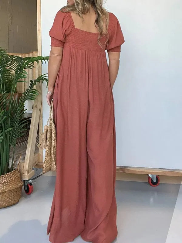 New Square Neckline Jumpsuit with Smocked Bodice Button (Buy 2 Free Shipping)