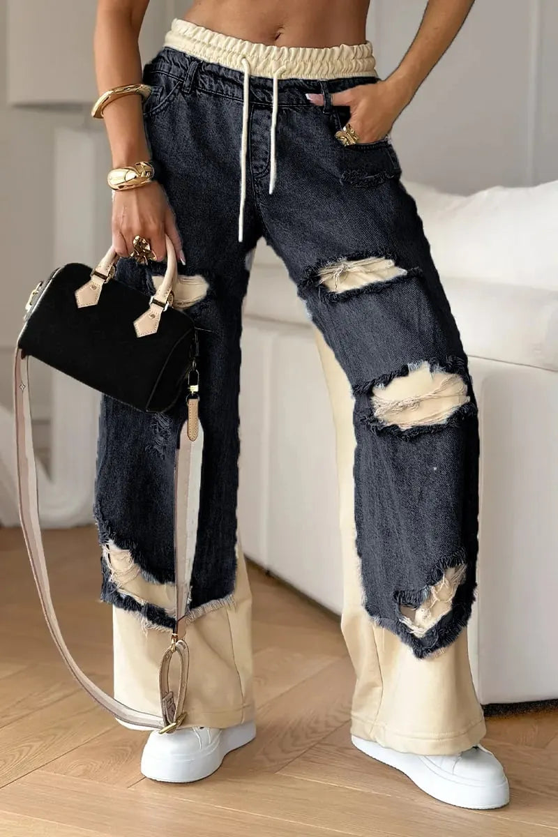 Women's Denim Trousers with Stitching and Ripped Design🌞👖