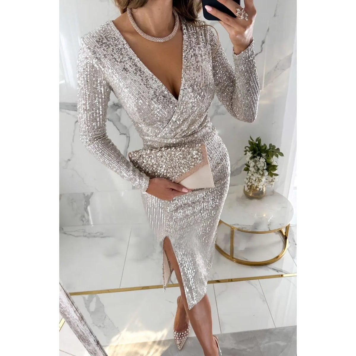 ✨Elegant Slim Sequin Dress with V-Neck