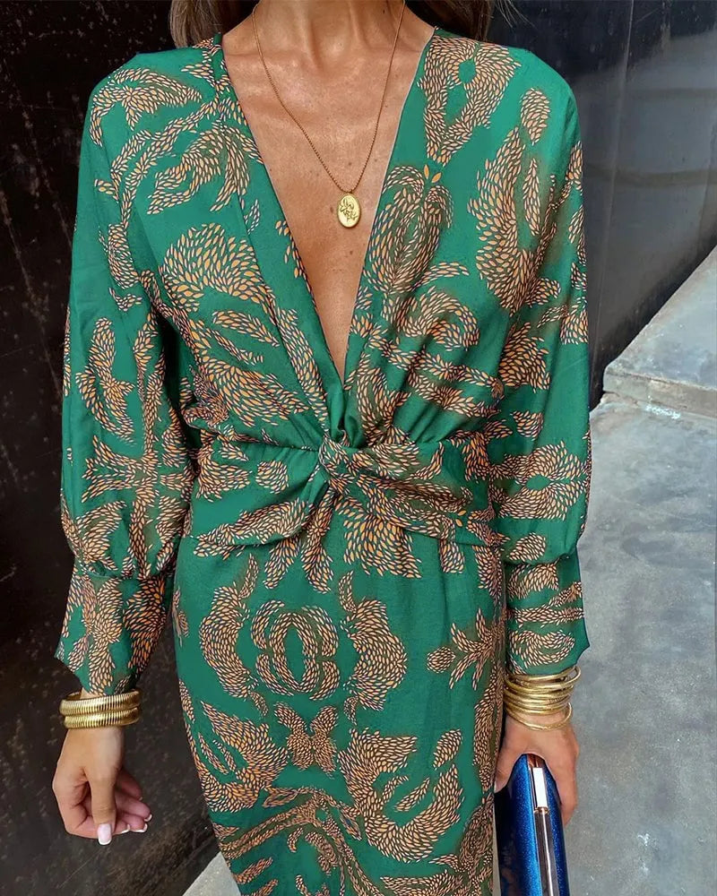 Vintage Long Sleeve Dress with V-Neck
