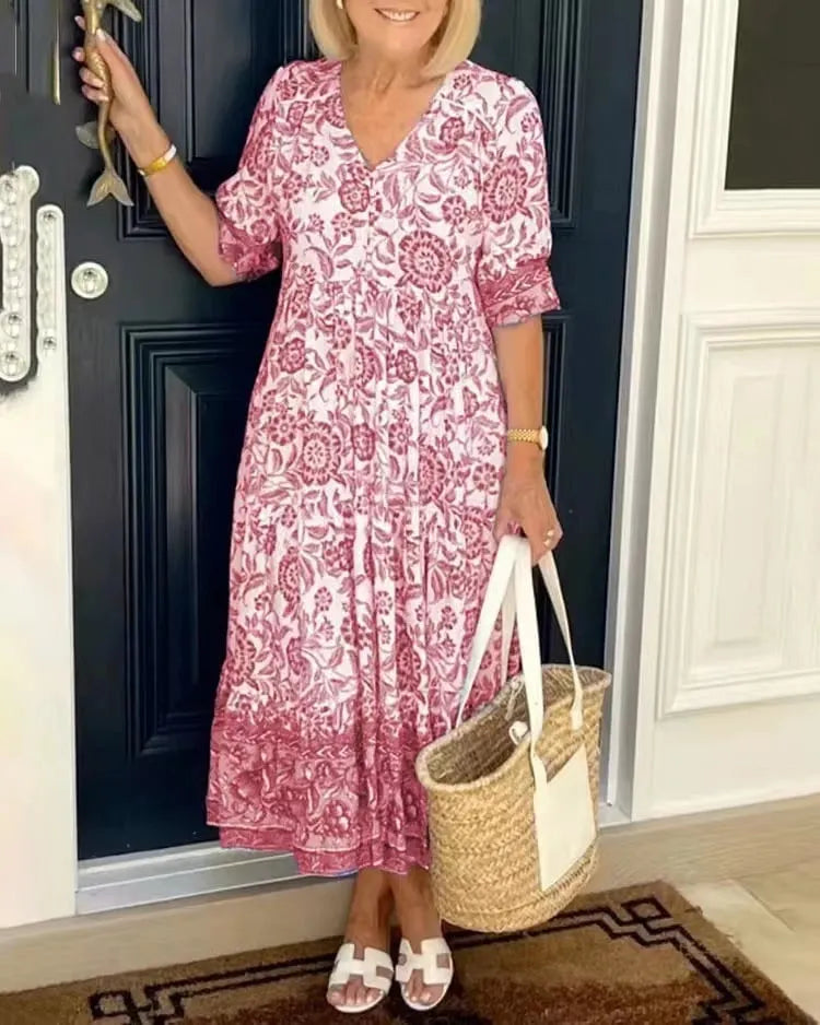 New Large Size V-Neck Floral Dress
