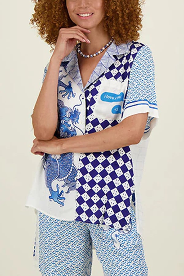 Unique Dragon Print Short Sleeve Loose Shirt and Elastic Waist Pocket Pants Silk Satin Set