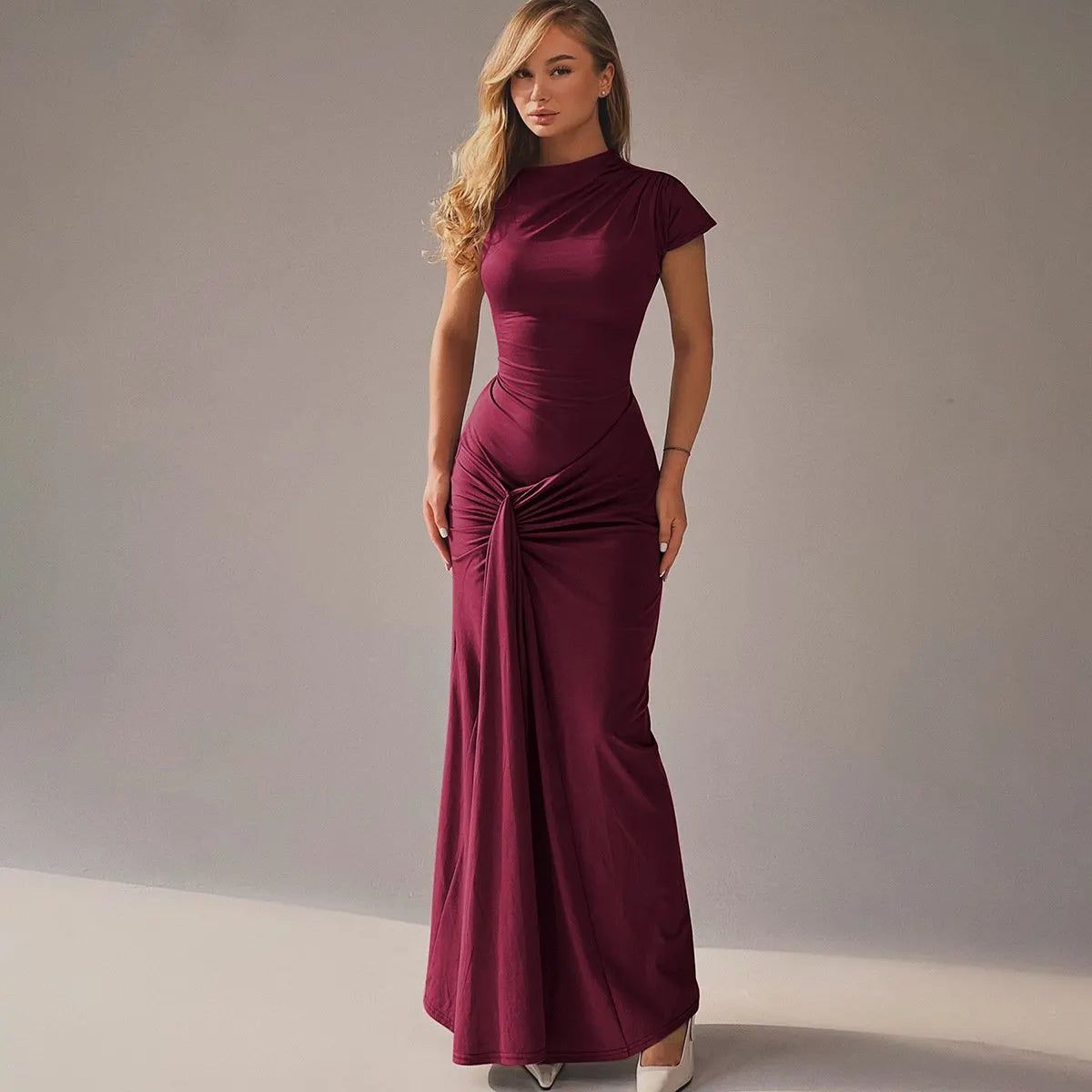 Slim-Fit Pleated Tie Waist Short Sleeve Dress
