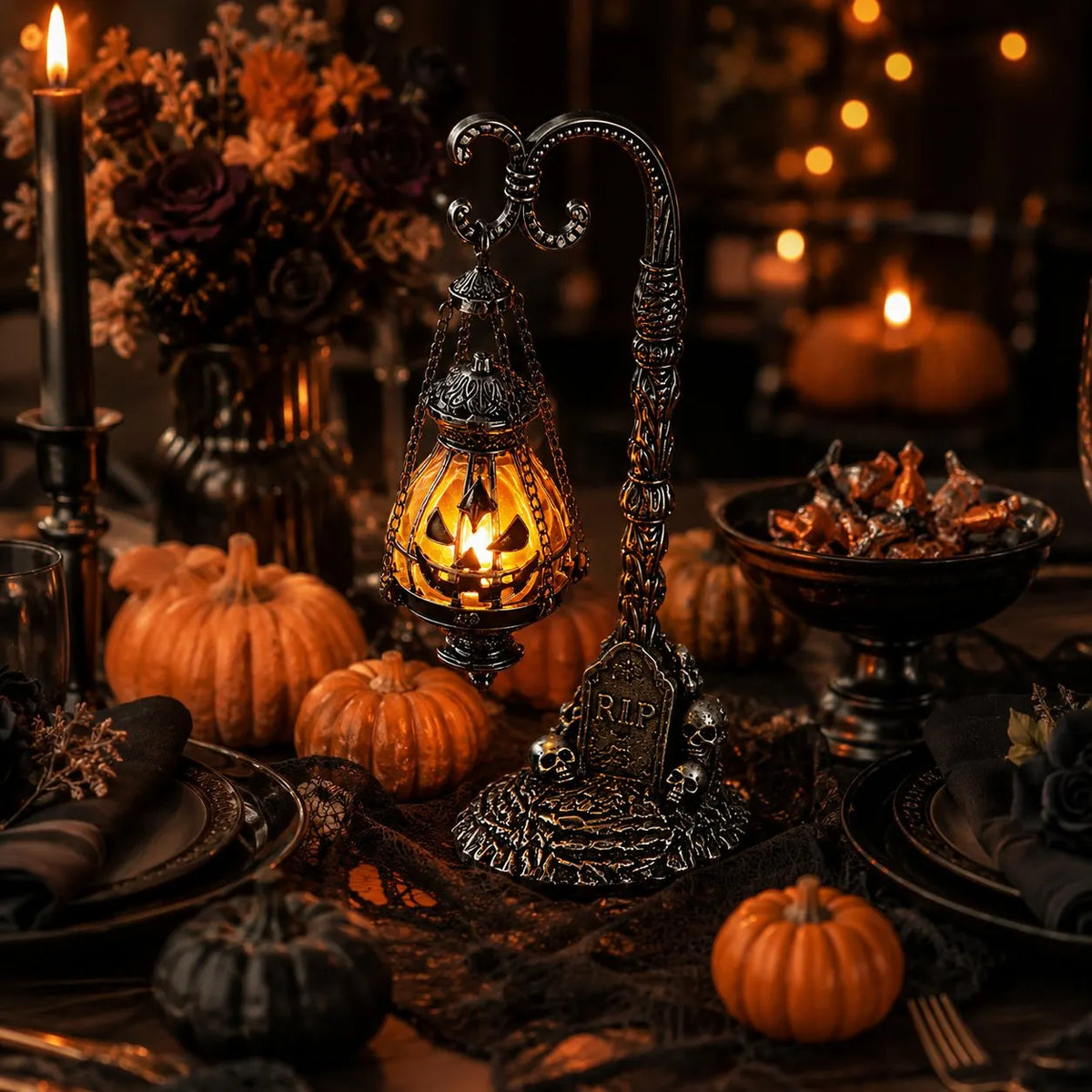 🔥HOT SALE🔥🎃 Gothic Pumpkin Lantern Stand | Warm Orange LED Glow, Victorian Skull Details & Haunted Shelf Decor 🕯️