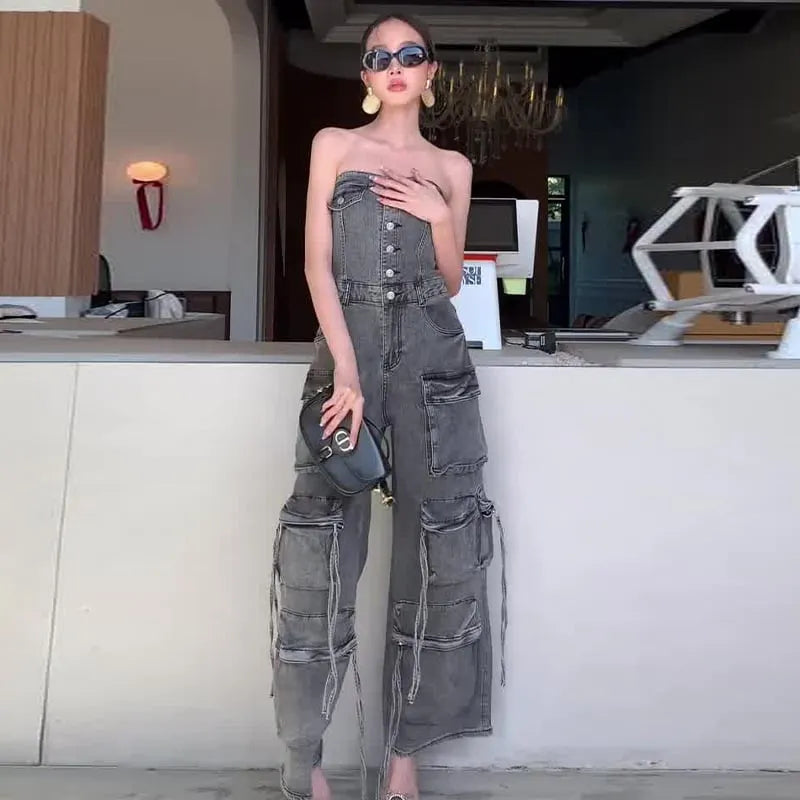 Women's Slightly Elastic Tube Top Multi-pocket Workwear Denim Jumpsuit