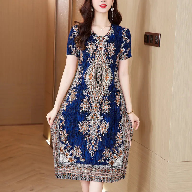 Women's ultra stretch print pleated dress