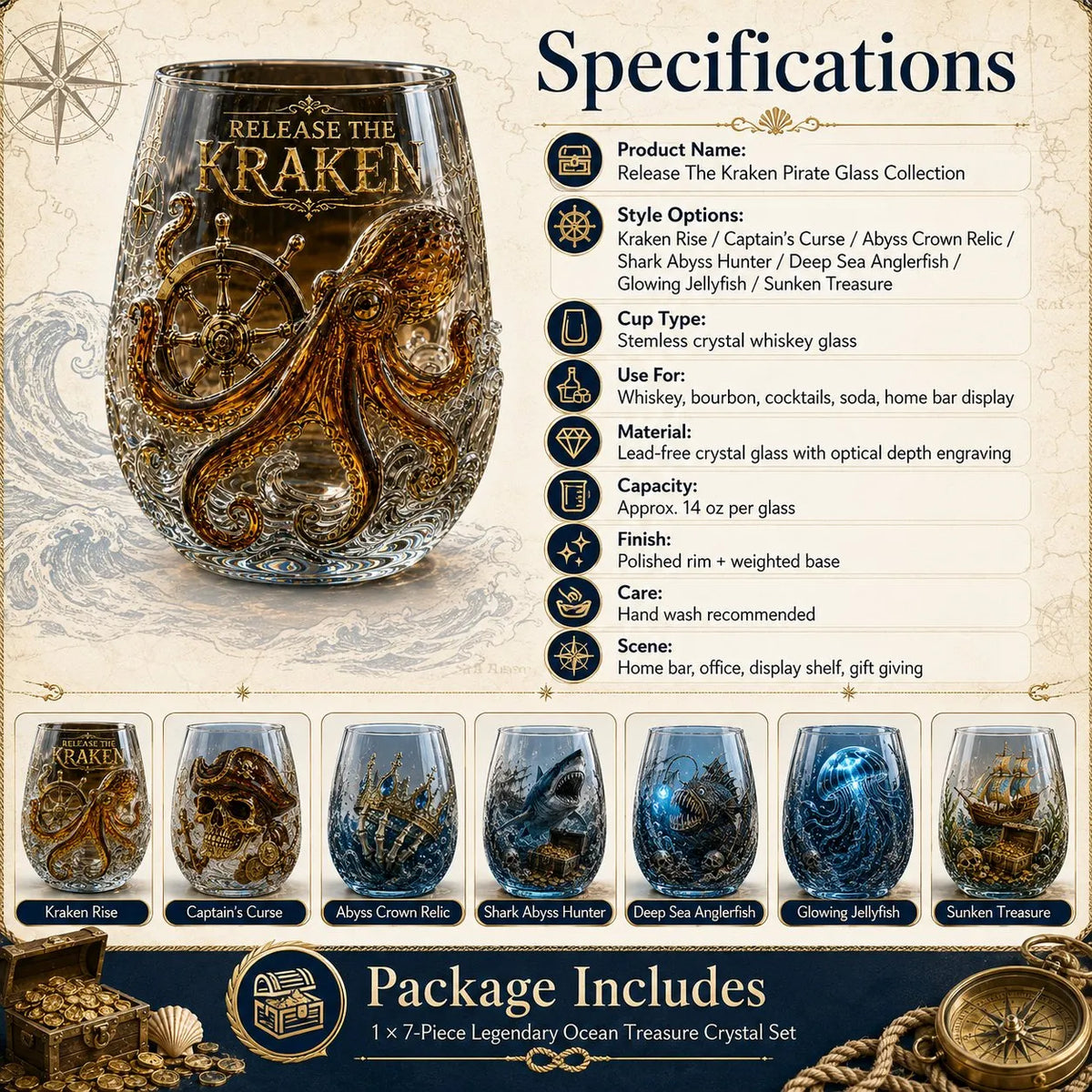🌊 Release The Kraken Pirate Glass Collection | 7-Piece Legendary Ocean Treasure Crystal Set for Whiskey Lovers & Home Bar Collectors ⚓✨