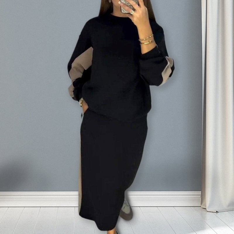 🍂 Fall Deals 🍂 Oversized Color Block Long Sleeve Top and Skirt Set